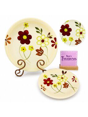 Gibson GID438 Retro 70's Color Floral Ceramic Beige Dinner Plate & Salad Plate